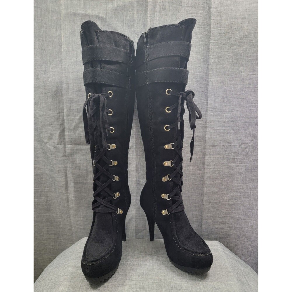 Baby Phat Tall Black Faux SUEDE Lace-Up Stiletto Boots, Eyelet Style, Women's 6